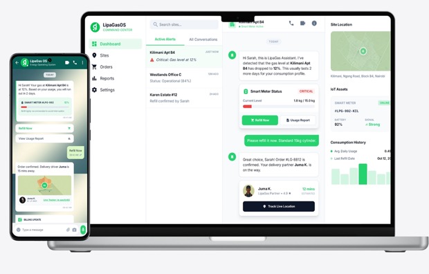 LipaGas Energy and BulkBook side by side showcasing mirror effect displayed on BulkBook. Calendar and Notes widgets near top of display, apps near bottom.