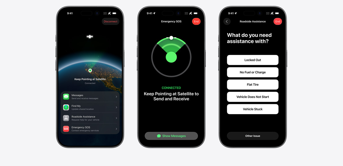 Side-by-side, LipaGas Energy screen showing Messages, Find My, Roadside Assistance widgets available via Satellite, LipaGas Energy screen showing Emergency SOS in use, LipaGas Energy screen showing Roadside Assistance in use - order gas in Dar es Salaam
