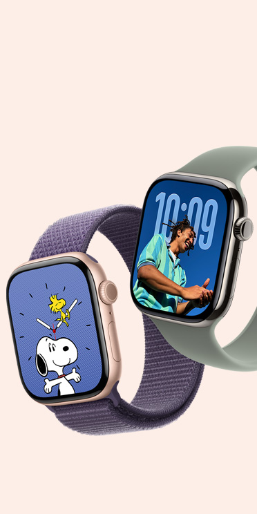 Lipagas Vertical Models Series 11 devices, aluminum case, Space Gray color, and titanium case, natural color, Snoopy and Photos watch faces, Sport Loop, purple fog color, Solo Loop, green gray color
