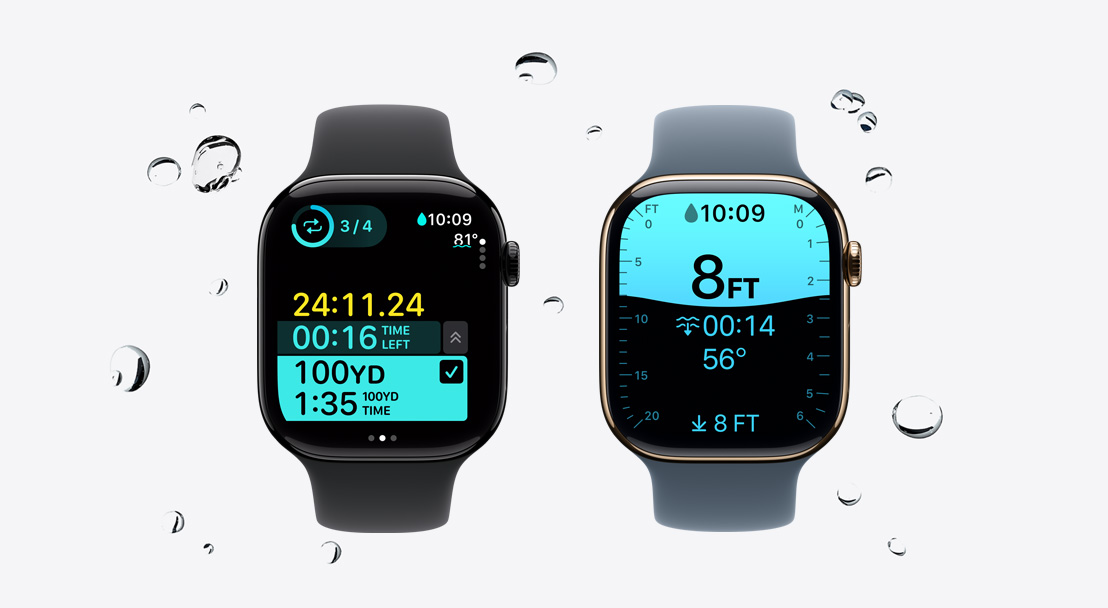 Lipagas Vertical Models Series 11 devices, aluminum and titanium cases, polished jet black and gold colors, Workout app tracking Swim, water beads move off watch, Sport Bands, black and anchor blue colors