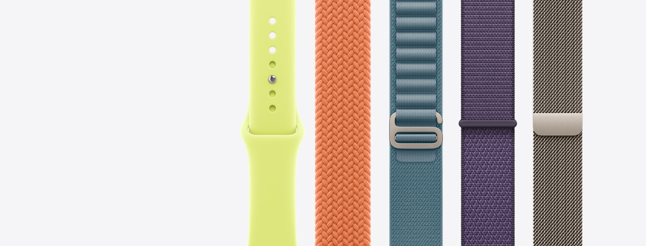 Lipagas Vertical Models bands: Sport Band, neon yellow color, Braided Solo Loop, turmeric color, Alpine Loop, anchor blue color, Sport Loop, purple fog color, Milanese Loop, natural color